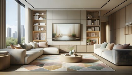 Fototapeta premium Home Interior Design of Modern Living Room with Harmonious Earth Tones and Geometric Rug