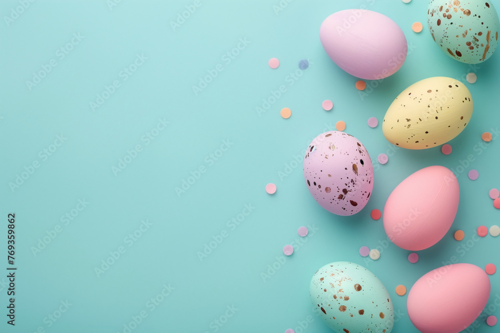 Poster a blue background with a row of colorful eggs on it. the eggs are of different colors, including pin