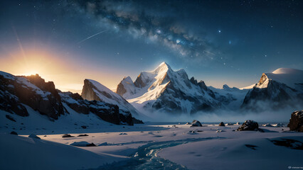 An icy landscape under the glow of an alien sun, with frozen mountains and rocky terrain.