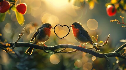 two birds on a branch with a heart formed branch looking like a heart