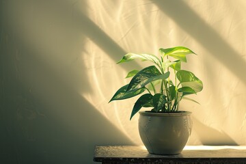 Indoor plant in pot on wooden shelf with sunlight and shadow.