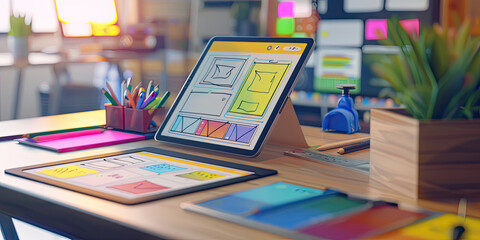 Designers desk with development ux graphic prototype application