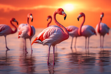 Flamingos in shallow water at sunset, with one prominent in the foreground against a vibrant orange sky