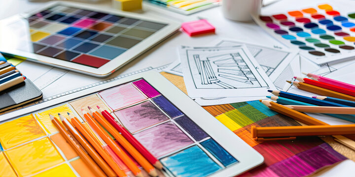 Designers desk with development ux graphic prototype application