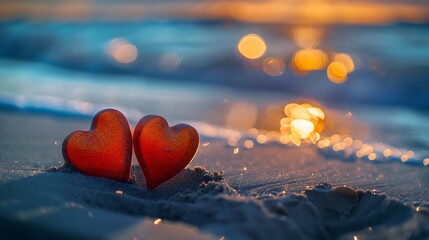 two hearts in sand near the ocean at dusk valentine day love background