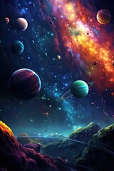 Naklejka premium Fantasy space background with planets, stars, galaxies and nebula