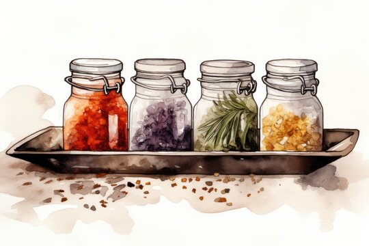 Watercolor illustration of glass jars with different kinds of spices and herbs