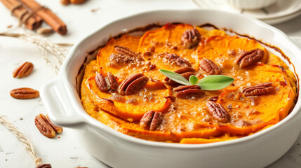 Delicious sweet potato casserole on white background . Generative Ai - obrazy, fototapety, plakaty