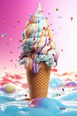ice cream in waffle cone with colorful sprinkles