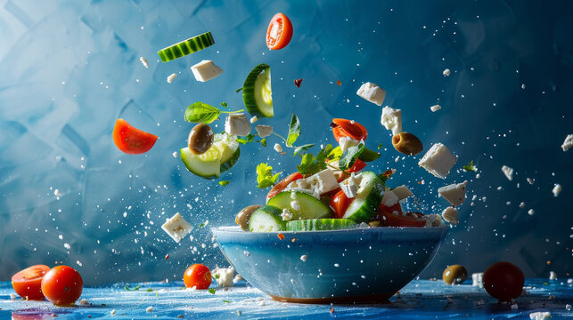 Dynamic high-speed image of a Greek salad with feta and vegetables with ingredients flying around, set against a blue backdrop