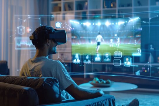 Man is sitting on a couch in the apartment, he is wearing a VR headset, he is watching a soccer match on the television. Screens are floating that have soccer player and stats