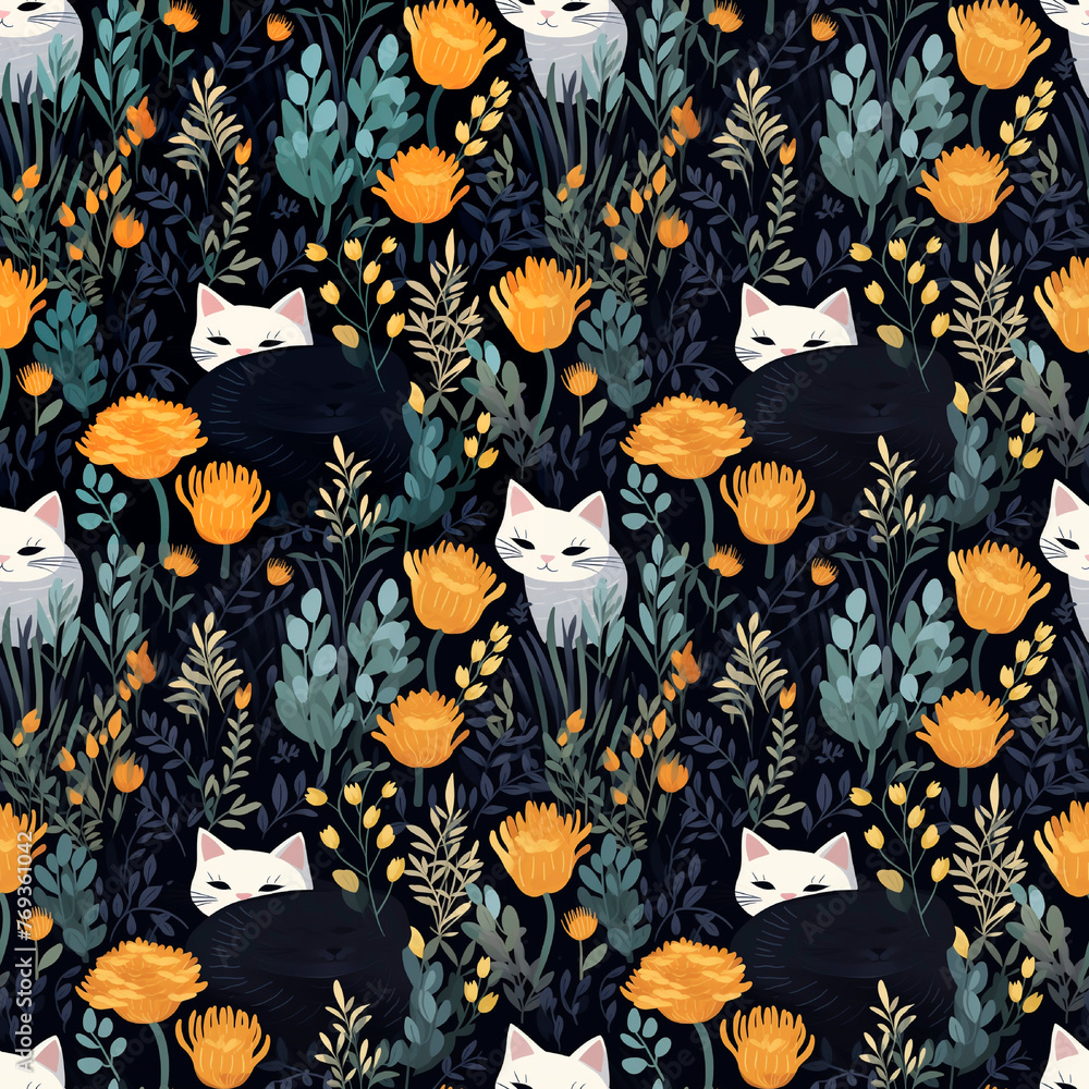 Poster the cat hid in the flowers. seamless illustration for print on any surface.