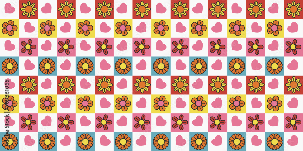 Poster checkered children's pattern with hearts and flowers. pattern for printing on seamless surfaces.