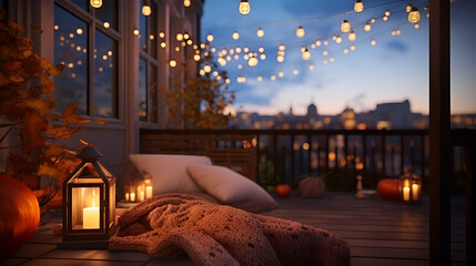 patio with a table and chairs and lights Autumn evening on the roof terrace of a beautiful house Serene Terrace Retreat Bedroom with twilight colored ambient light Hyggeinspired balcony with soft  - obrazy, fototapety, plakaty