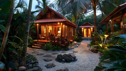 Wonderful lodging with palm trees - obrazy, fototapety, plakaty