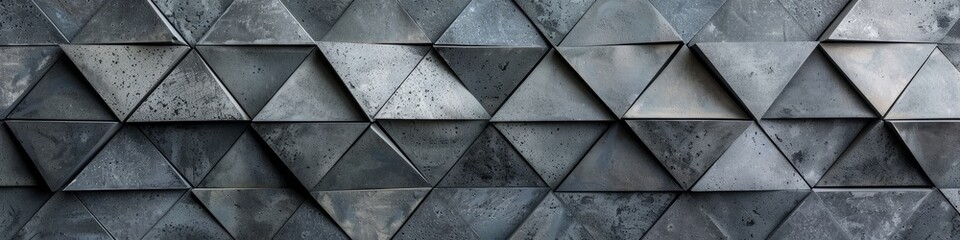 Detailed view of a geometric wall composed of triangular concrete tiles creating a mesmerizing pattern, background, wallpaper, banner