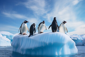 group of penguins on an iceberg, with serene Antarctic waters and ice formations in the background