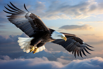 Bald Eagle in flight with mountain background. 3D illustration.