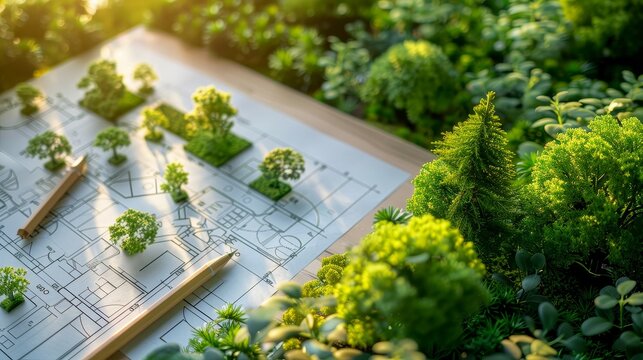 Environment Concept : Green architectural plans with landscape design on the desk 