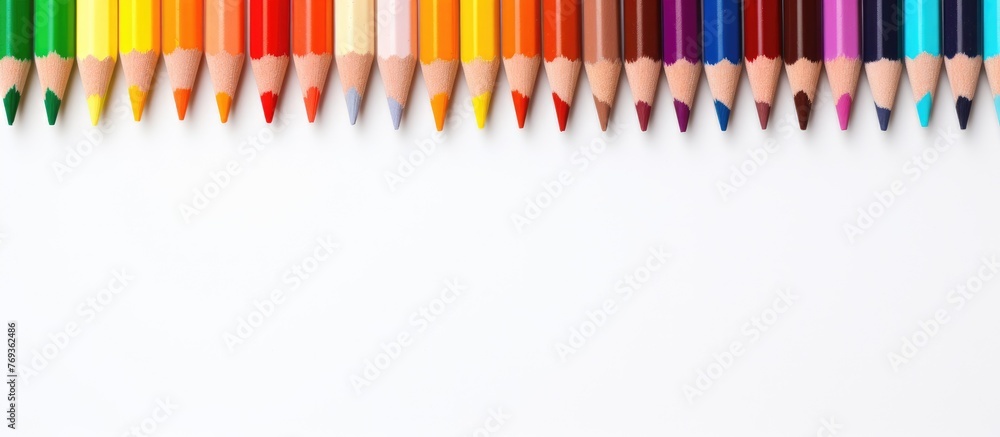 Poster an array of vibrant colored pencils are displayed on a blank canvas. the assortment includes hues su