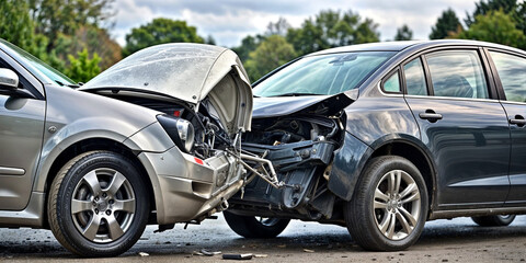 broken car, accident, two cars collided at an expensive accident - obrazy, fototapety, plakaty
