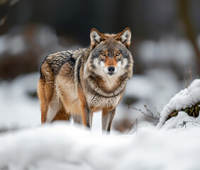Naklejka premium Snow-covered wolf standing