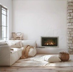 Wall Mockup in 3D Rendered Modern Home Interior with Fireplace. Made with Generative AI Technology