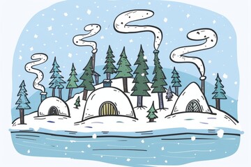 Cartoon cute doodles of a winter island with cozy igloos and cabins nestled among pine trees, smoke rising from chimneys into the crisp air, Generative AI