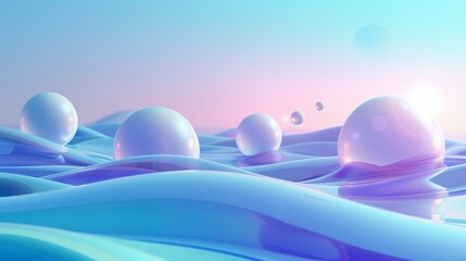 Spheres on layered waves transition from ocean depths to a sky-like gradient, background, wallpaper