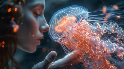 Woman sharing a kiss with an electric blue jellyfish underwater - obrazy, fototapety, plakaty