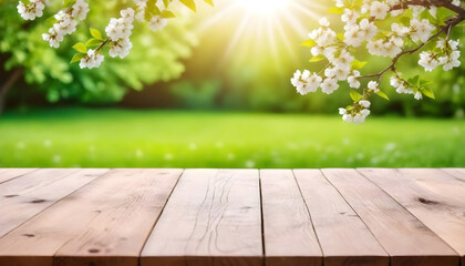 empty wooden table with a background of a garden with blooming white flowers on branches, green...