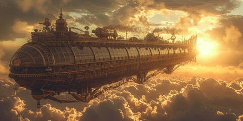 Fantasy steampunk airships float amongst clouds against a dramatic sunset backdrop, evoking adventure and exploration. Resplendent. - obrazy, fototapety, plakaty