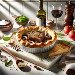 Beef and Shiraz Pie with Mushrooms on Marble Counter