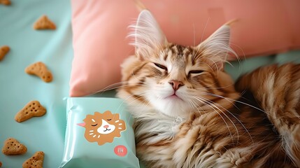 A cute cat has a bag of cat food next to it. Indicates liking and jealousy It has a cute, minimalist design. On a clean, light-colored background. - obrazy, fototapety, plakaty