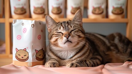 A cute cat has a bag of cat food next to it. Indicates liking and jealousy It has a cute, minimalist design. On a clean, light-colored background.
