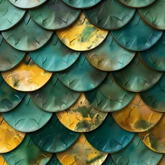 Foto op Plexiglas  a mesmerizing texture of dragon scales. Rendered in vibrant denim green and shimmering gold hues, this texture evokes a sense of mystique and fantasy © Jolanta
