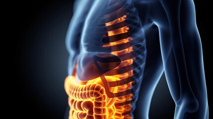 Human anatomy of the digestive system. 3D illustration that scans through the internal organs.