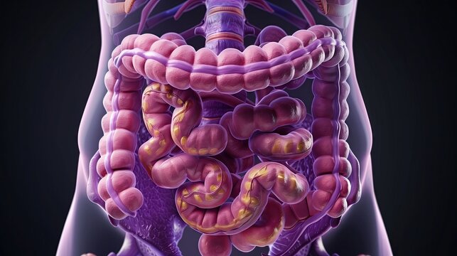 Human anatomy of the digestive system. 3D illustration that scans through the internal organs.