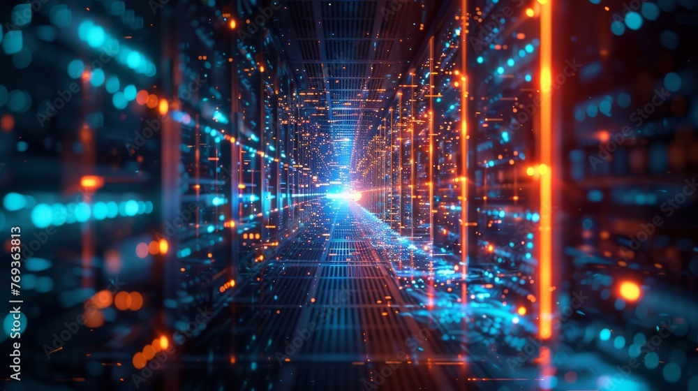 Poster futuristic data center with glowing lights and high-tech server racks