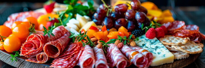 charcuterie board, showcasing an assortment of cured meats, cheeses, fruits, and nuts in vibrant detail. Generative AI