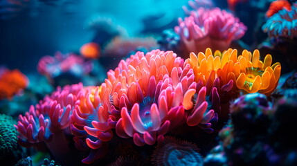 Fototapeta na wymiar Macro shot of a colorful coral reef, capturing the vibrant hues and intricate structures of the underwater ecosystem. Generative AI