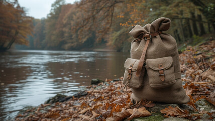 Burlap backpack on the river bank. - obrazy, fototapety, plakaty