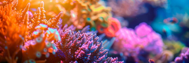 Macro shot of a colorful coral reef, capturing the vibrant hues and intricate structures of the underwater ecosystem. Generative AI - obrazy, fototapety, plakaty