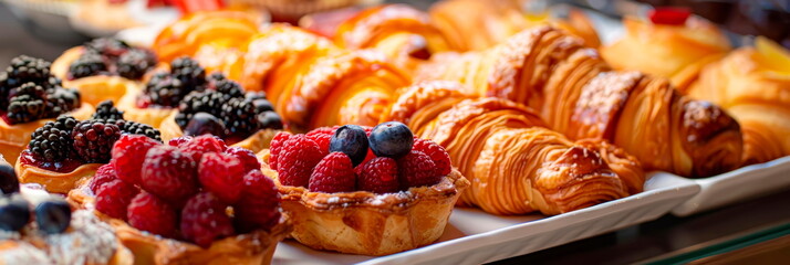 plate of assorted pastries, showcasing a variety of flaky croissants, fruit tarts, and cream puffs in vibrant detail. Generative AI - obrazy, fototapety, plakaty