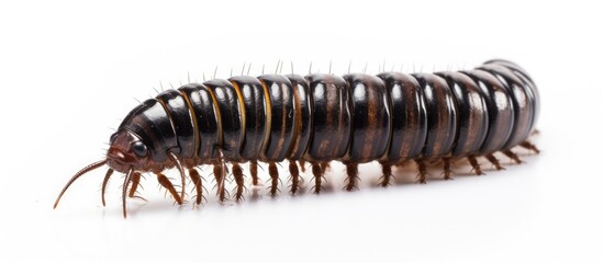 Fototapeta premium A macro photograph of an insect, arthropod millipede, a terrestrial invertebrate, on a white background. Not a pest or parasite, looks like metal auto part in closeup