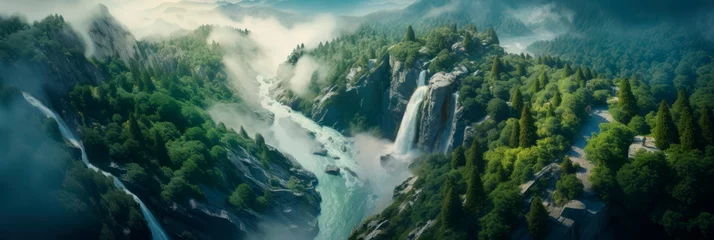 Foto op Plexiglas Top-down view of a cascading waterfall in a pristine wilderness area, Earth Day formed by the mist rising from the falls, promoting water conservation. Generative AI © Лилия Захарчук