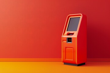 A red vending machine with a black screen sits in front of a red wall - obrazy, fototapety, plakaty