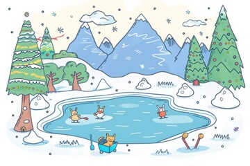 Cartoon cute doodles of a winter island with frozen lakes and ponds where animals ice skate and play hockey, surrounded by snowy mountains, Generative AI