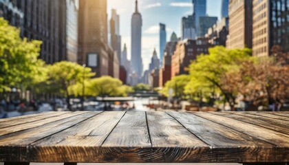 wooden bridge over the river, The empty wooden table top with blur background of NYC street. Exuberant image - obrazy, fototapety, plakaty