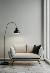 3d render of minimalistic interior with sofa and floor lamp. Generative AI.